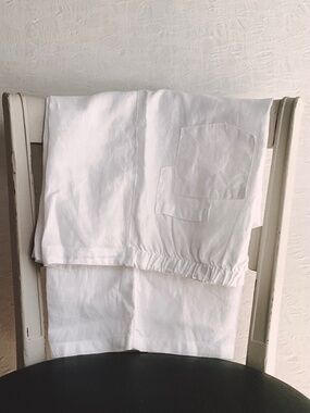 Linen Pants by ‘CMC’ White 100% Linen Trouser Pull-On Straight Leg High Rise L